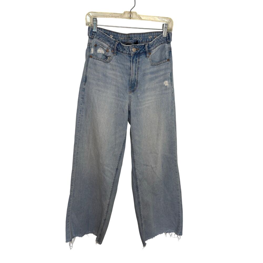 American Eagle Super High Rise Baggy Wide Leg Distressed Denim Jeans Sz 4